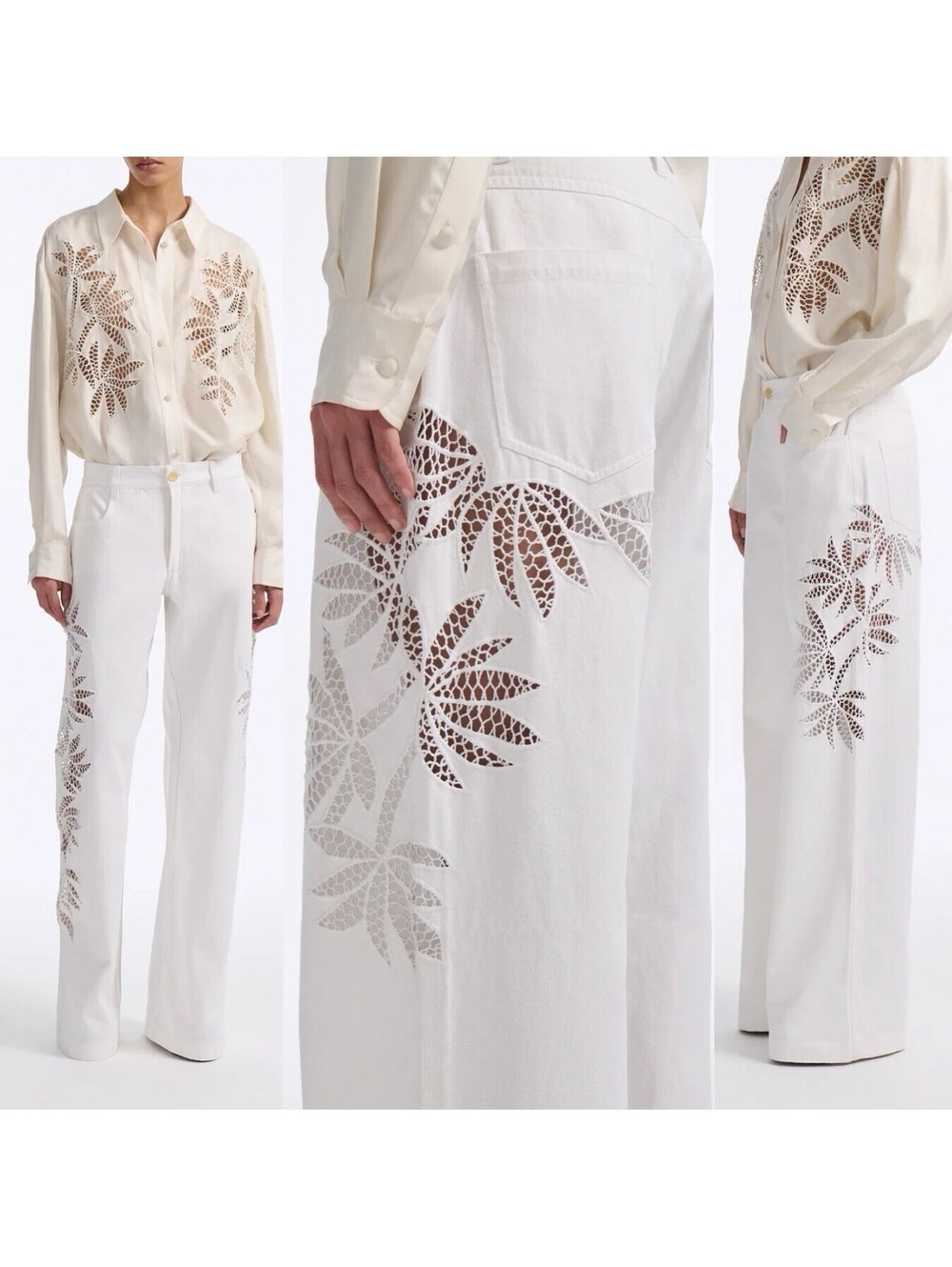 $895 DIOTIMA Stulla 100% Cotton Botanical Leafy Cutout Wide-Leg Jean Sz 3 US Med
